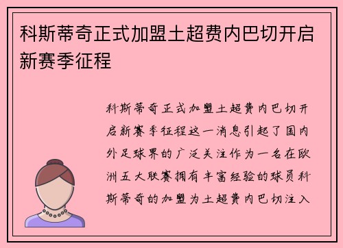 科斯蒂奇正式加盟土超费内巴切开启新赛季征程